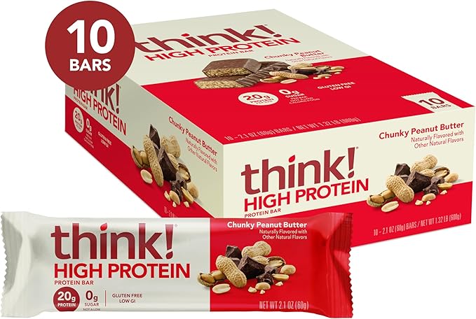 think! Protein Bars, High Protein Snacks, Gluten Free, Kosher Friendly, Chunky Peanut Butter, Nutrition Bars, 2.1 Oz per Bar, 10 Count (Packaging May Vary)