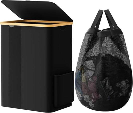 Laundry Basket Clothes Hamper with Lid and Side Pocket Large Collapsible Laundry Baskets with Handle, Freestanding Hampers for Bedroom Aesthetic, Dorm, Bathroom, Laundry Room (80L, Black)