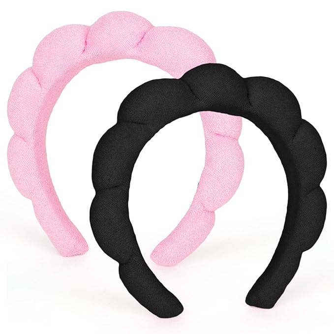 AMCAMI 2 PCS Puffy Spa Headband for Women Sponge Headbands for Girls Terry Towel Cloth Fabric Head Band for Skincare,Makeup Removal,Face Washing,Facial Mask,Shower,Hair Accessories(Black&Light Pink)