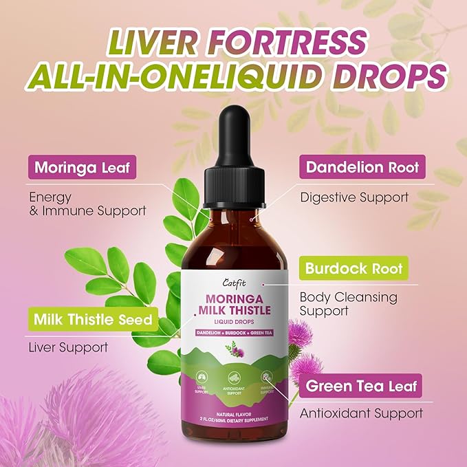 Catfit Milk Thistle Liver Detox Drops – Liver Cleanse Detox & Repair with Moringa, Dandelion, Burdock & Green Tea – Liquid Herbal Supplement for Liver Support & Liver Health, Vegan, 2 Fl Oz