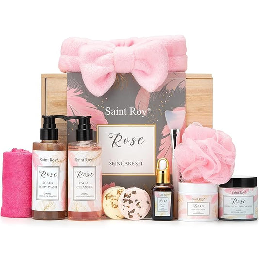 Spa Gifts for Women, Self Care Kit ROSE Scented with Facial Cleanser, Scrub Body Wash, Facial Clay Mask, Facial, Essential Oil, Birthday Gifts Skin Care Set, Mothers Day Christmas Gifts for Women