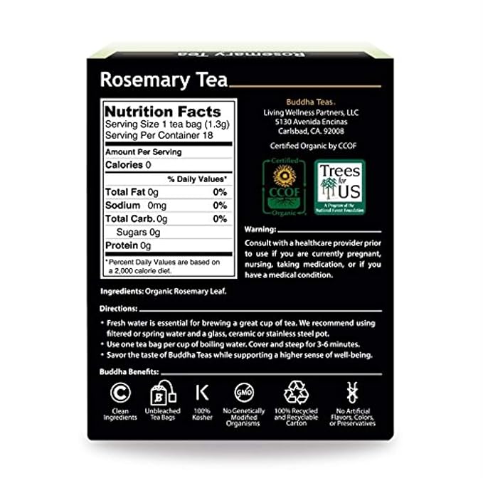 Buddha Teas - Organic Rosemary Tea - Herbal Tea - Stimulating & System Regulating - With Antioxidants & Minerals - Clean Ingredients - Caffeine Free - OU Kosher - 18 Tea Bags (Pack of 1)