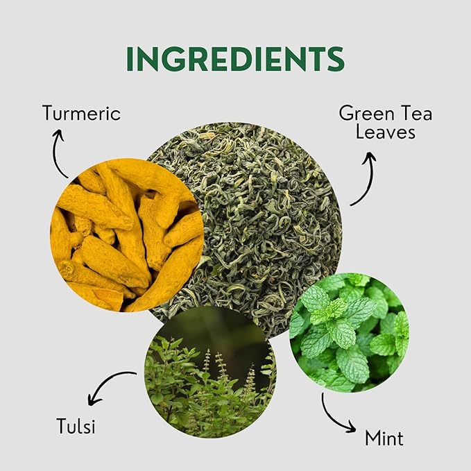 Tealeaf & Co. Turmeric Tulsi Holy Basil Green Tea Loose Leaf - Turmeric, Tulsi & Peppermint Tea Blended with Fresh Herbs & Spices - 50 Servings, Low Caffeine & Gluten Free (3.52oz/100gm)