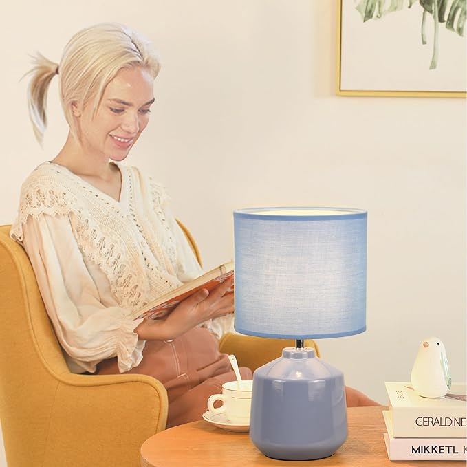 Lampwell Lena Modern Ceramic Bedside Lamp for Living Room & Bedroom, Kids Night Light, 7.09H12.99IN, Light Blue