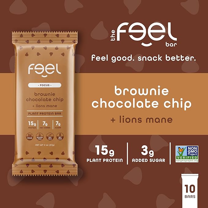 Feel Vegan Protein Bars | Brownie Chocolate Chip | Keto | Gluten Free | Organic | Lion’s Mane | 15g Plant Protein | Low Carb | High Protein | Dairy Free | Low Sugar | Nut, Grain, Soy Free | 10 Pack