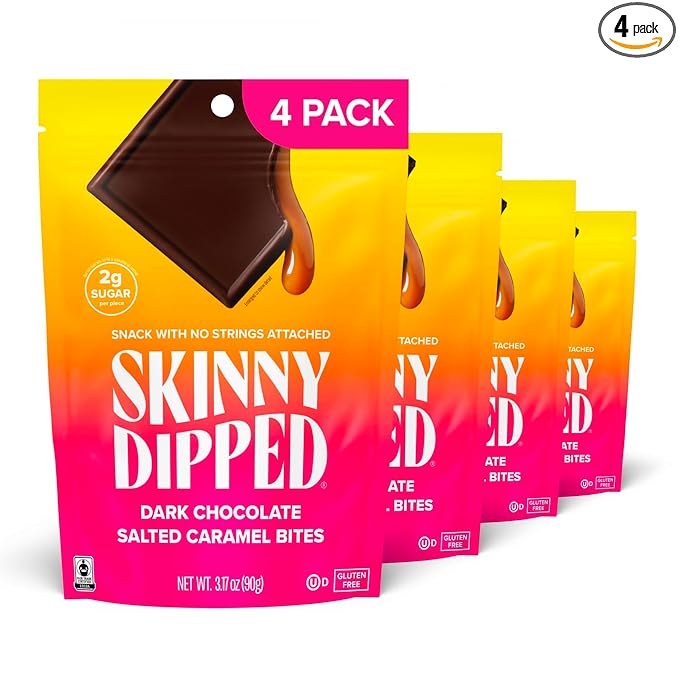 SkinnyDipped Dark Chocolate Salted Caramel Bites, 2g Sugar per Piece, Keto Friendly, Low Calorie Gluten Free, 4 Pack