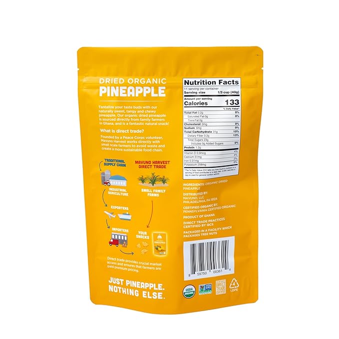 Mavuno Harvest Pineapple Dried Fruit Snacks | Organic Dried Pineapple Chunks | Gluten Free Healthy Snacks for Kids and Adults | No Sugar Added, Vegan, Non GMO, Direct Trade | 1 Pound Resealable Bag