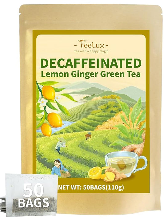TeeLux Lemon Ginger Decaf Green Tea, Smooth Decaffeinated Green Tea with Spicy Ginger & Refreshing Natural Lemon Flavor, 50 Count