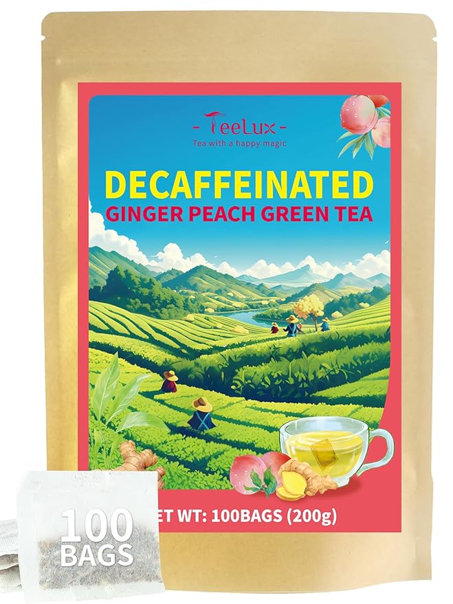 TeeLux Decaf Peach Ginger Green Tea, Mild Decaffeinated Green Tea with Spicy Ginger & Aromatic Natural Peach Flavor, 100 Count