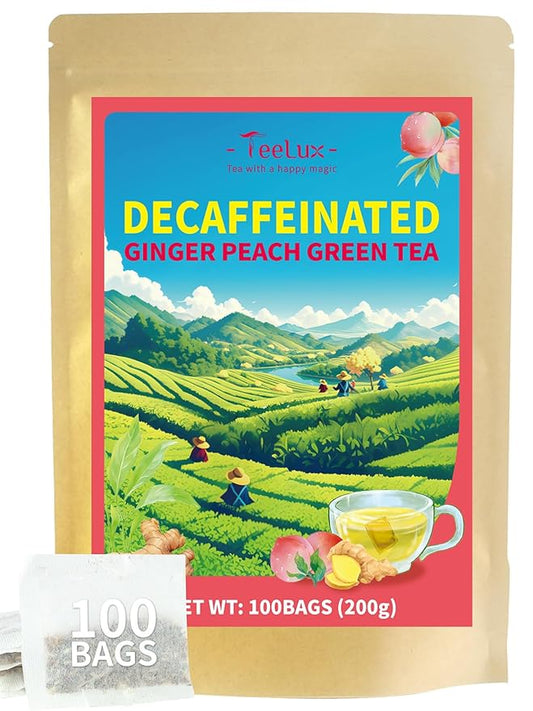TeeLux Decaf Peach Ginger Green Tea, Mild Decaffeinated Green Tea with Spicy Ginger & Aromatic Natural Peach Flavor, 100 Count