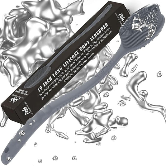 Avilana Silicone Body Scrubber - Food Grade & Lab Tested, Gentle Exfoliating Shower Brush for All Skin Types, Hygienic Quick-Dry Loofah Alternative (Dark Gray, Long Handle-Silver)