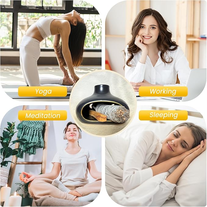 Ceramic Incense Holder Set-Handcrafted Palo Santo&Sage Cone Burner with Holes, Smudge Bowl for Meditation&Yoga-Palo Santo Holder with Brush&Tweezer-Home Decor for Relaxation, Black