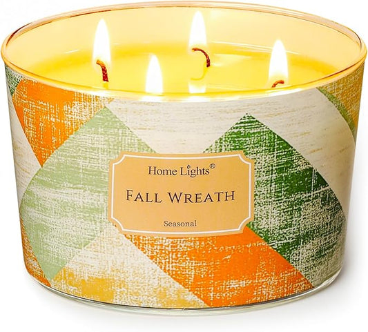 HomeLights Soy Wax Candles for Home Scented, 4-Wick Candles in Fall Wreath Scented, Rustic Modern Aromatherapy Candles Gift for Parties, Relaxing, 18oz