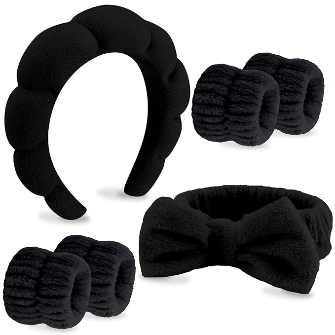 VELSCRUN 6 Pack Spa Headband, Makeup Headband, Face Wash Headbands, Skincare Headbands, Black Sponge Hair Band Bow Tie Spa Head Band for Washing Face Wristband Set Hair Accessories for Women Gifts
