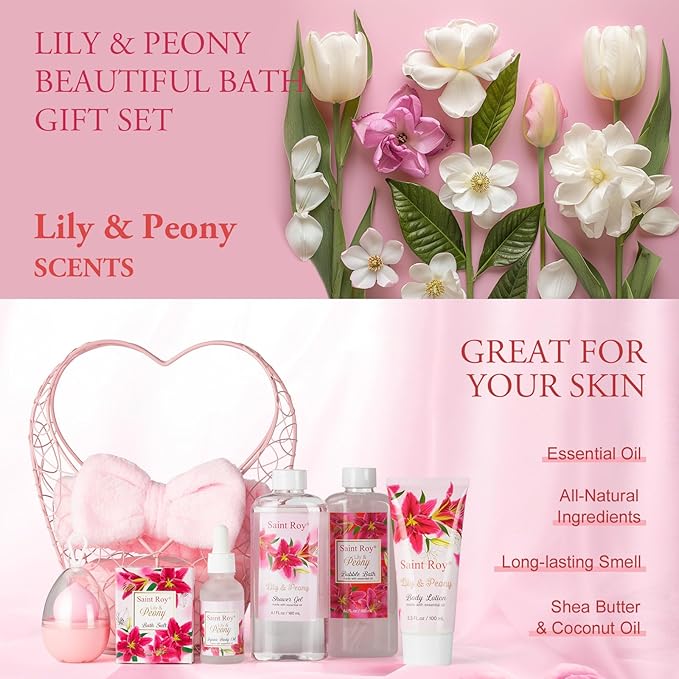 Gift Basket For Women, Mother's Day Gift for Mom Spa Set Lily & Peony Home Spa Set, Beauty Personal Care Set Jojoba Oil, Spa Self Care Kit, Bath Body For Thank You, Birthday, Christmas Gifts for Women