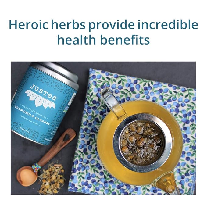 JusTea CHAMOMILE DREAM | Loose Leaf Herbal Tea | Tin with Hand Carved Tea Spoon |40+ Cups (1.6oz) | Caffeine Free | Award-Winning | Fair Trade | Non-GMO