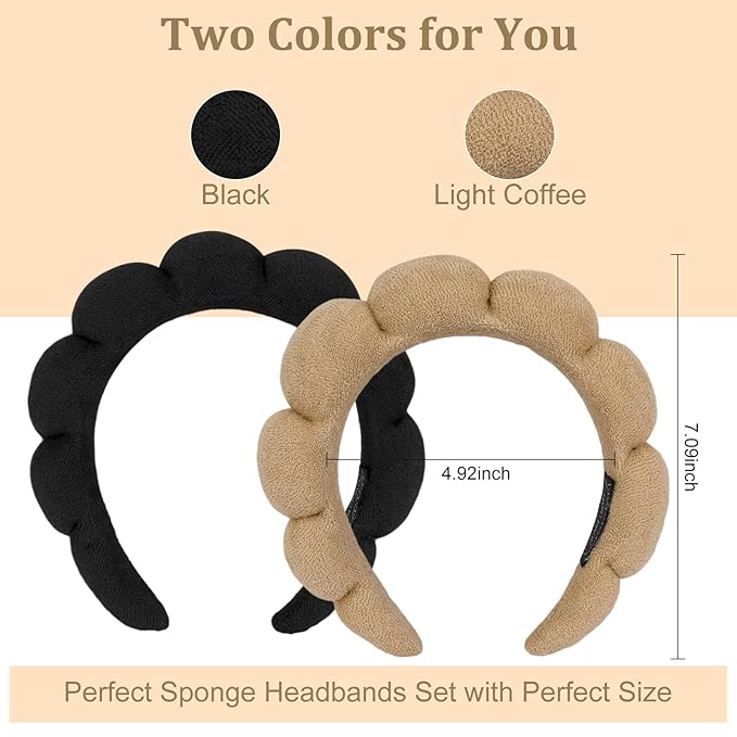 AMCAMI Puffy Spa Headband for Women Sponge Headbands for Girls 2 PCS Terry Towel Cloth Fabric Head Band for Skincare,Makeup Removal,Face Washing,Facial Mask,Shower,Hair Accessories(Black&Light Coffee)