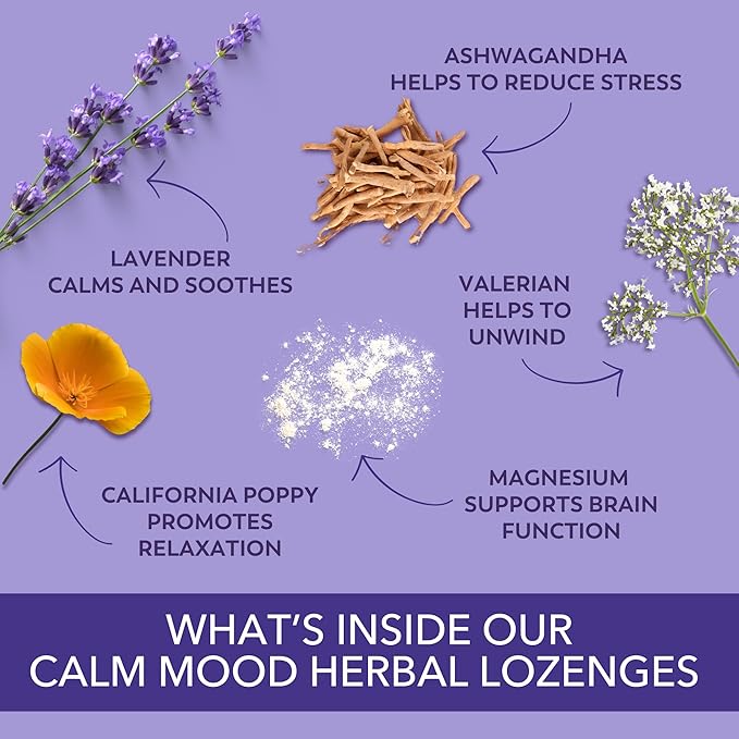 Laki Naturals Lavender Chamomile Calm Mood Functional Herbal Lozenges (2 Pack) Throat & Mood Calming Hard Candies with Magnesium, Ashwagandha, California Poppy & Valerian