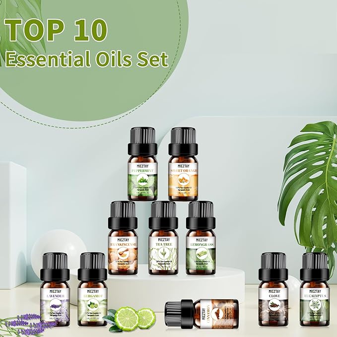 Essential Oils Set - 10x5ML Premium Essential Oil Kit for Candle Making, Diffusers, Massages, Aromatherapy, Skin Care - Lavender, Eucalyptus, Peppermint, Tea Tree, Sandalwood Aromatherapy Oils
