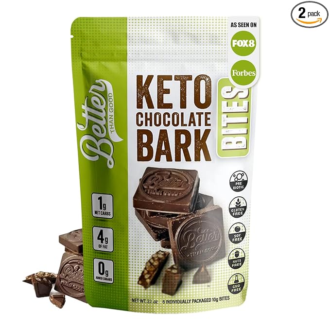 BETTER THAN GOOD Keto Chocolate Bark Bites | Sugar Free high protein Snacks, Low Carb Dark Chocolate Krunch | Gluten Free, Healthy Kids & Diabetic Friendly Snack | Occasion treat | 6 servings per bag (2 Pack)