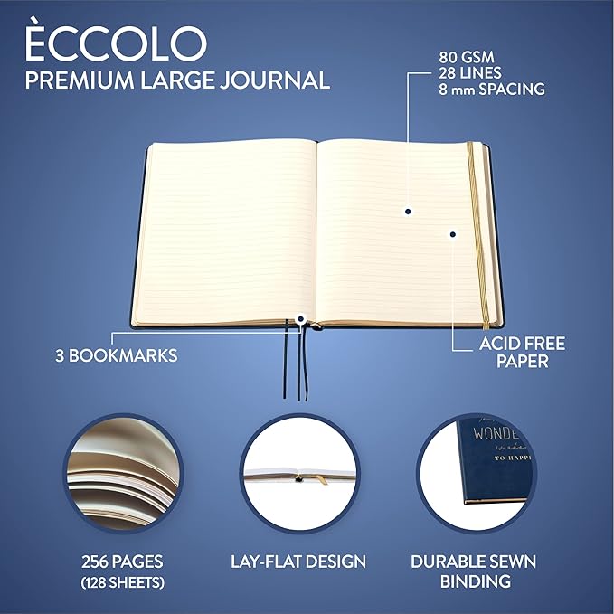 Eccolo Large Lined Journal Notebook, Flexible Cover, Writing Journal, 256 Ruled Ivory Pages, Ribbon Bookmark, Lay Flat, Desk Size for Work or School, Size 8X10, Always Believe