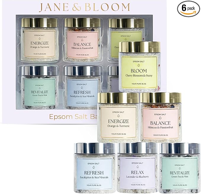 Epsom Salt Bath Gift Set – 6 Aromatherapy Blends with Essential Oils – Bath & Body Gift Set for Women, Stress Relief, Self Care, Birthday Gifts – Jane & Bloom