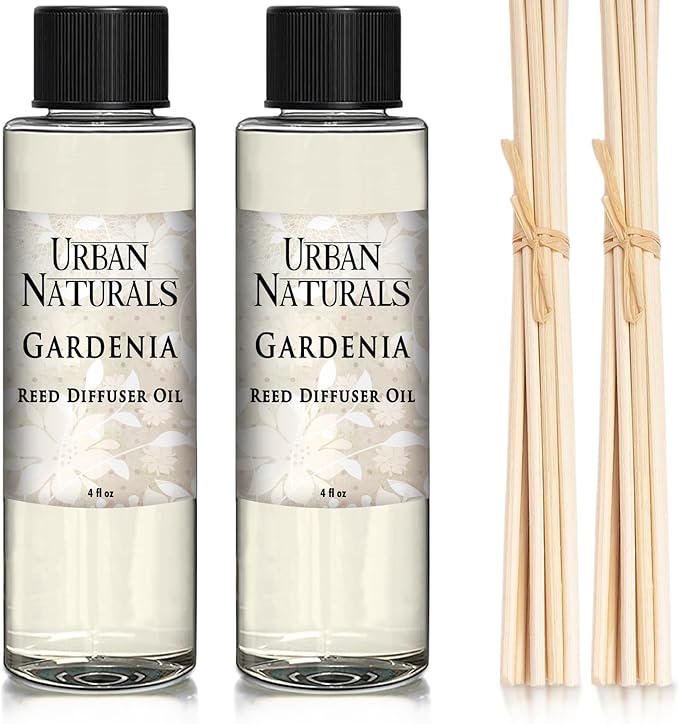Urban Naturals Gardenia Scented Oil Reed Diffuser Refill | Includes a Free Set of Reed Sticks! Jasmine, Ylang Ylang, Tuberose & Amber Notes, 4 oz (2 Pack)