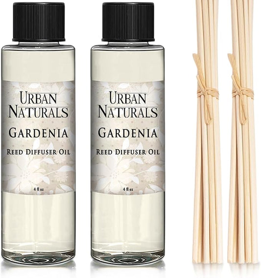 Urban Naturals Gardenia Scented Oil Reed Diffuser Refill | Includes a Free Set of Reed Sticks! Jasmine, Ylang Ylang, Tuberose & Amber Notes, 4 oz (2 Pack)