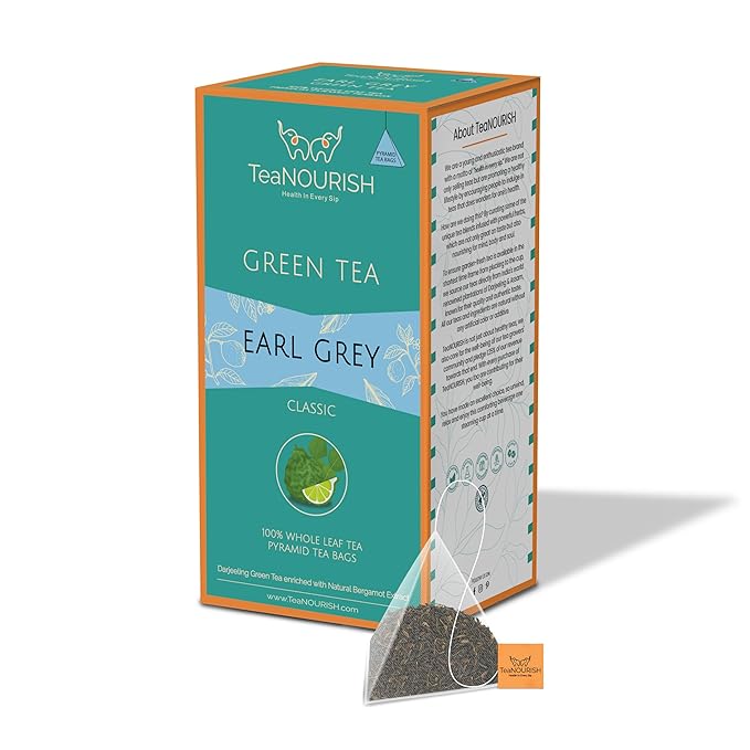 TeaNOURISH Earl Grey Green Tea | 20 Count Pyramid Tea Bags | Darjeeling Whole Leaf Tea Enriched with Natural Bergamot Extract | 100% NATURAL INGREDIENTS