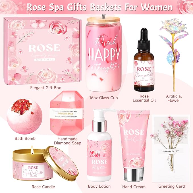 Birthday Gifts for Women, Rose Relaxing Spa Gift Basket for Women Friendship, Self Care Package Get Well Soon Thank You Gift Box, Mothers Day Gifts for Mom Her Sister Wife Best Friends Coworker Bestie