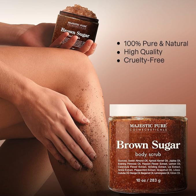MAJESTIC PURE Brown Sugar Body Scrub for Cellulite and Exfoliation - Natural Body Scrub - Reduces The Appearances of Cellulite, Stretch Marks, Acne, and Varicose Veins, 10 Ounces