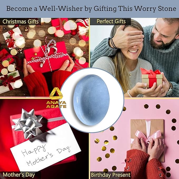 Angelite Worry Stones – Crystal Thumb Worry Stone for Anguish, Stress – Relaxing & Soothing Balance Stones for Meditation, Stress Relief – Healing Stones & Crystals for Men, Women