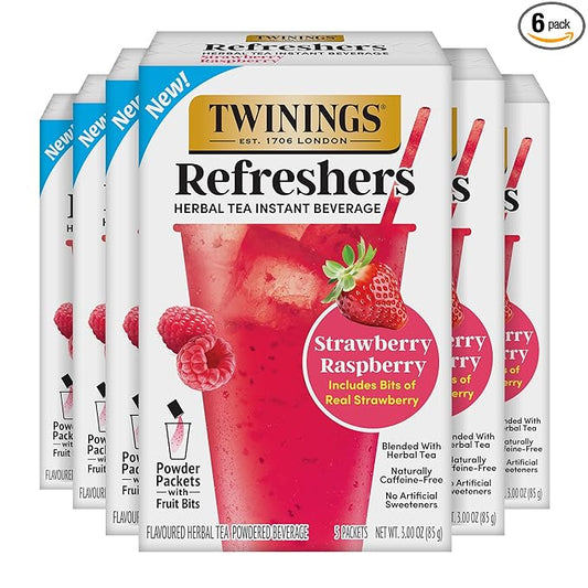 NEW Twinings Strawberry Raspberry Refreshers, Herbal Tea Instant Beverage with Real Strawberry Fruit Bits, 5 Count (Pack of 6), Café Style, No Artificial Sweeteners, Naturally Caffeine-Free, 30 Packets