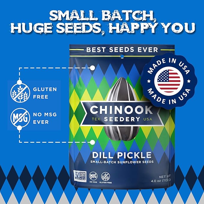 Chinook Seedery Roasted Sunflower Seeds - Jumbo Seeds Keto Snacks - Best For Snack Packs - Gluten Free, Non GMO Snack Food Gifts - 4 Ounce (Pack of 3) - Dill Pickle Flavor Pack