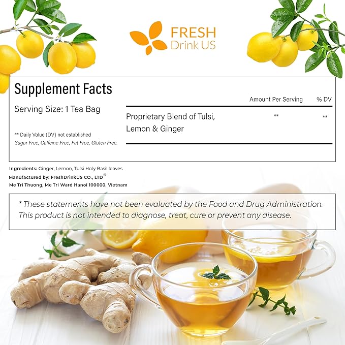 FreshDrinkUS, Premium 135 Tulsi Lemon Ginger Tea Bags, 100% Natural & Pure from Tulsi Holy Basil Leaves, Lemon and Ginger. Made with Natural Material Tea Bags. No Sugar, No Caffeine, Vegan.