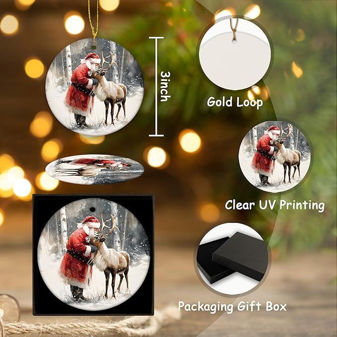 Christmas Santa Reindeer Ceramic Ornament Gifts, Rustic Winter Santa Claus Reindeer Decorative Hanging Ornaments for Xmas Tree Holiday Party Decoration, Winter Xmas Tree Decorations