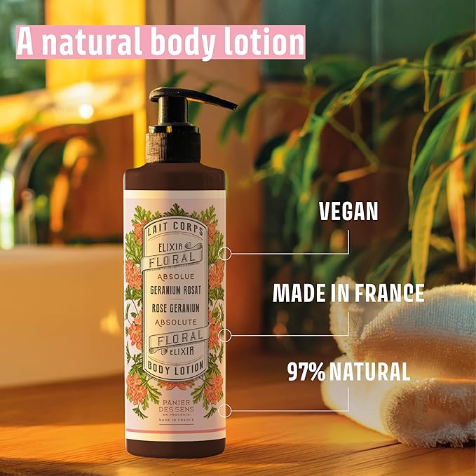 Panier des Sens –Geranium Hand & Body Lotion for Dry Skin - Hydrating Body Cream for Women - Nourishing Fluid Body Moisturizer Shea Butter & Olive Oil - 97% Natural Ingredients Body Care - 8.45 Floz