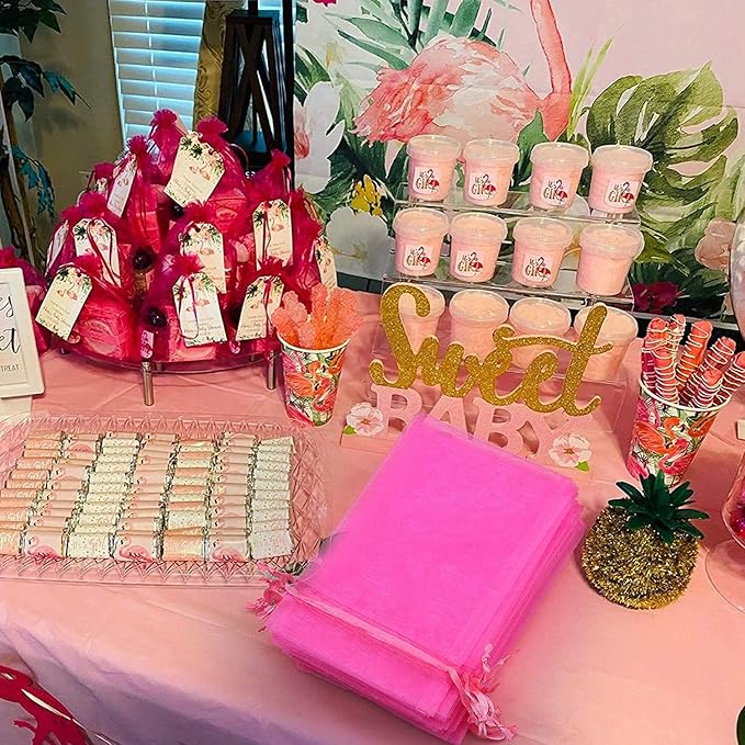 ANZNKU 50 Pack Hot Pink Organza Bags 5 x 7 inch Mesh Drawstring Gift Bags Jewelry Bag Small Mesh Bag for Christmas Candy Party Wedding Favor