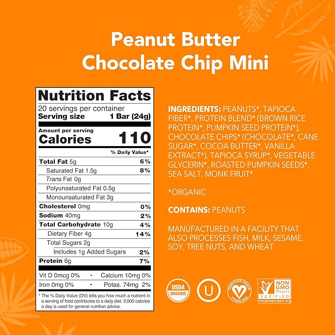 ALOHA Organic Plant Based Protein Bar MINIS |Peanut Butter Chocolate Chip | 20 Count, 24g Bars | Vegan, Low Sugar, Gluten Free, Low Carb, Non-GMO, Stevia Free, Soy Free, No Sugar Alcohols