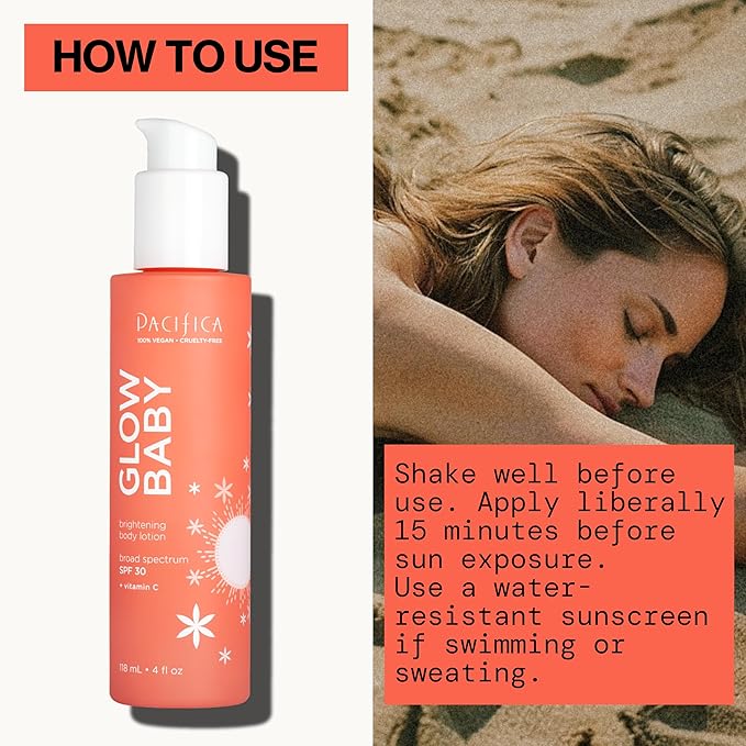 Pacifica Glow Baby Vitamin C SPF 30 Body Lotion – Brightening Daily Moisturizer + Broad Spectrum Sun Protection, Hydrating No White Cast Sunscreen for Glowing Skin, Clean Vegan & Cruelty-Free Skincare
