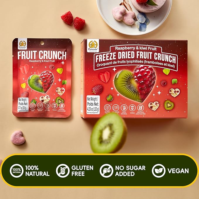 SUNGIVEN Freeze Dried Fruit Crisps Crunch Raspberry & Kiwi 6 Packs Gluten Free Made with Fruit Vegan Healthy Snacks Ready to Eat for Yogurt Dessert