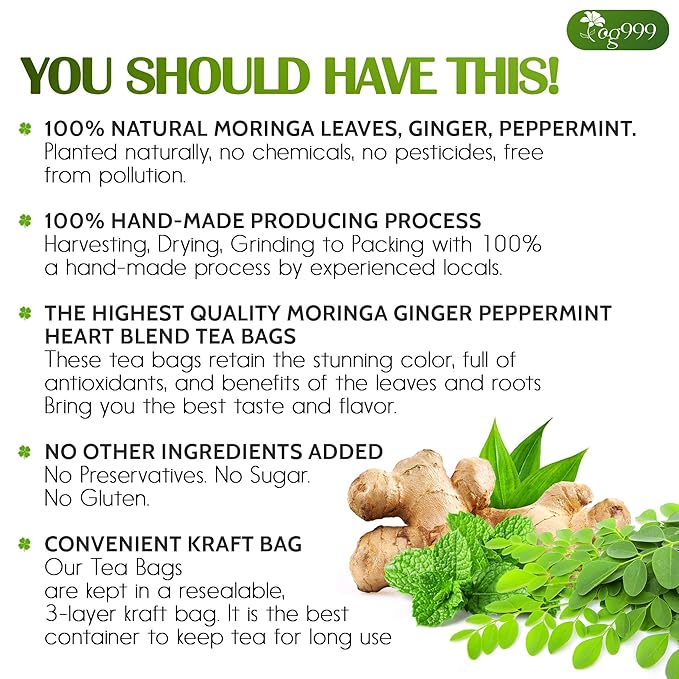 TOG999, Premium Moringa Ginger Peppermint Herbal Tea ā 60 Tea Bags ā Caffeine-Free, Plant-Based, Non-GMO, Naturally Refreshing Flavor, No Artificial Additives, No Sugar, No Gluten. Vegan