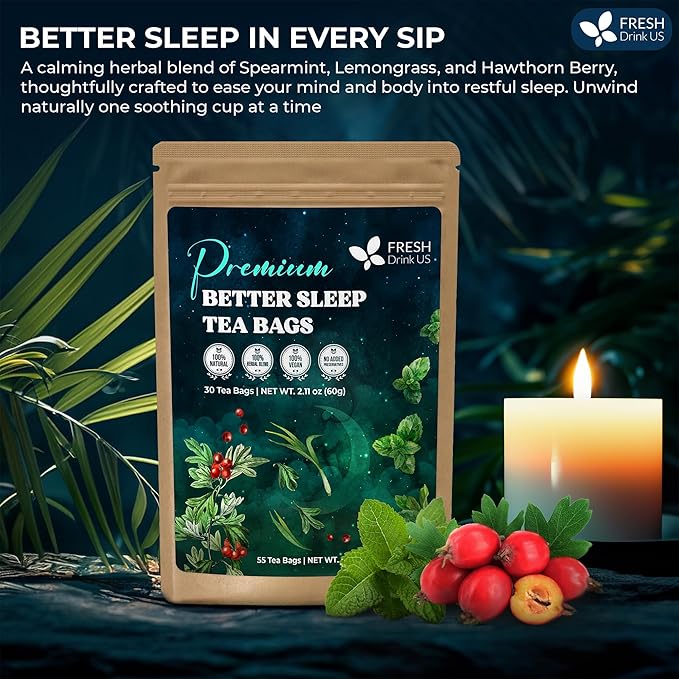 FreshDrinkUS, Premium 75 Tea Bags Better Sleep Herbal Tea | Special Herbal Sleep Tea, Caffeine-Free Loose Leaf Blend with Spearmint Leaves, Lemongrass Leaves, and Hawthorn Berry β Naturally Refreshing and Aromatic.