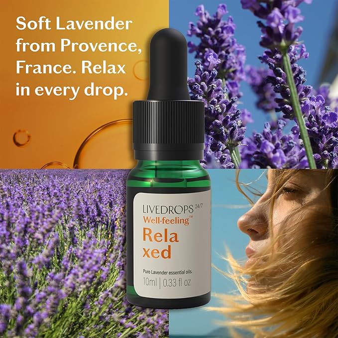 LIVEDROPS 24/7 Relaxed Lavender Essential Oil, Natural Vegan Aromatherapy for Diffuser or Diluted Skin Use, Calming Floral Herb Scent, Made in France, Bottled in USA, Clinically Tested, 10ml