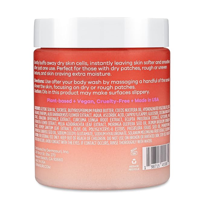 Dermasuri - Exfoliating Sugar Scrub - Body Scrubber for Men & Women - Exfoliates & Removes Dead, Dry Skin for a Soft & Radiant Glow - Deep Hydration - Stocking Gifts for Women - Coconut Passion Fruit