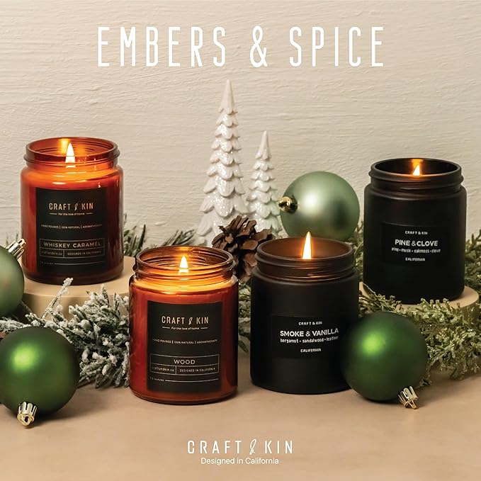 Craft & Kin Scented Candle Gift Set | Embers & Spice Home Scented Candle Sets for House Warming, Men's Gift Candles