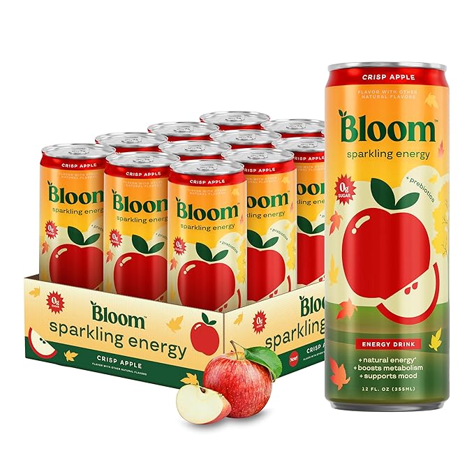 Bloom Nutrition Sparkling Energy Drink - Natural Caffeine, Zero Sugar, 180mg Caffeine - Antioxidant-Rich with Green Coffee Bean, Green Tea Extract, Prebiotics - Crisp Apple - 12oz 12 Pack