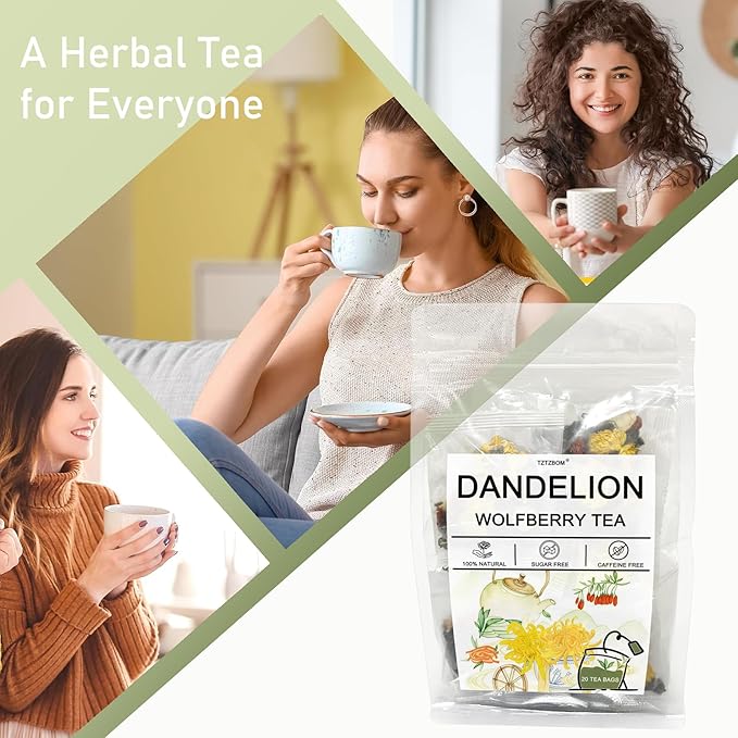 Dandelion Wolfberry Tea Bags, 100% Natural Liver and Kidney Detox Tea, Caffeine-Free - 10g x 20 Count