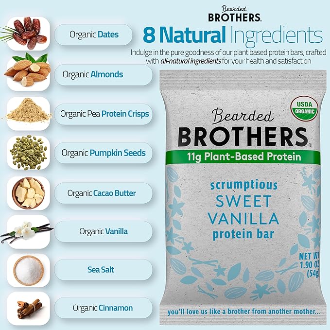 Bearded Brothers Organic Protein Bars, Vanilla (10 Pack) - 11g of Plant Based Protein Gluten Free Vegan, Non-GMO Healthy Snacks for Adults Good Source of Fiber