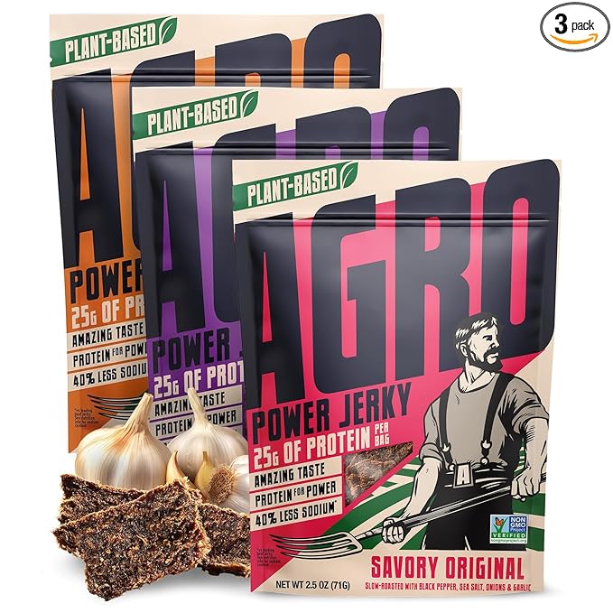 AGRO POWER Vegan Jerky Variety Pack, Savory Original, Texas BBQ, Grilled Teriyaki Plant-Based Jerky, Non-GMO, High Protein, 40% Less Sodium, Zero Cholesterol, Meatless Vegetarian Healthy Snack, 3 Pack